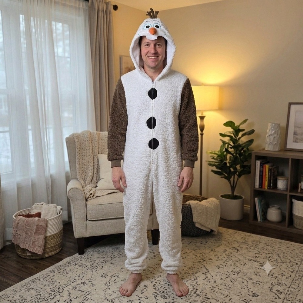 Disney Olaf One Piece Pajamas Mens XL White Sherpa Fleece Union Suit Costume